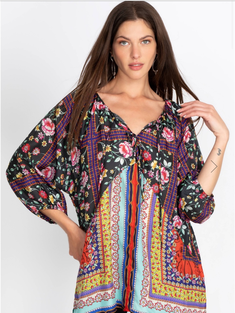 Johnny Was Lookout Electra Boho Floral Tunic Top 💯 Silk- Black Multi